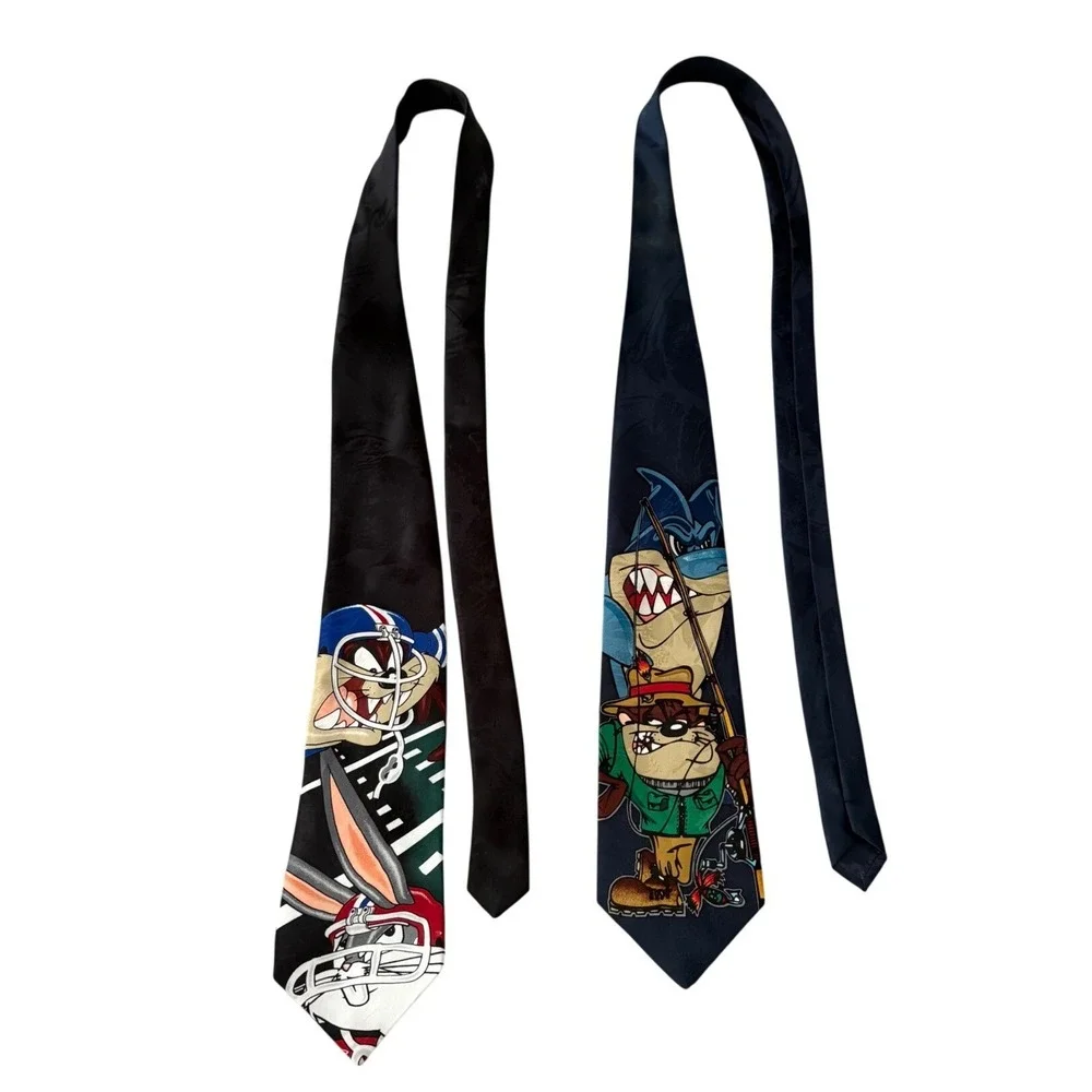 VTG 1996 Looney Tunes Tie Lot 2pc Taz Bugs‎ Bunny Football Fishing Novelty Ties